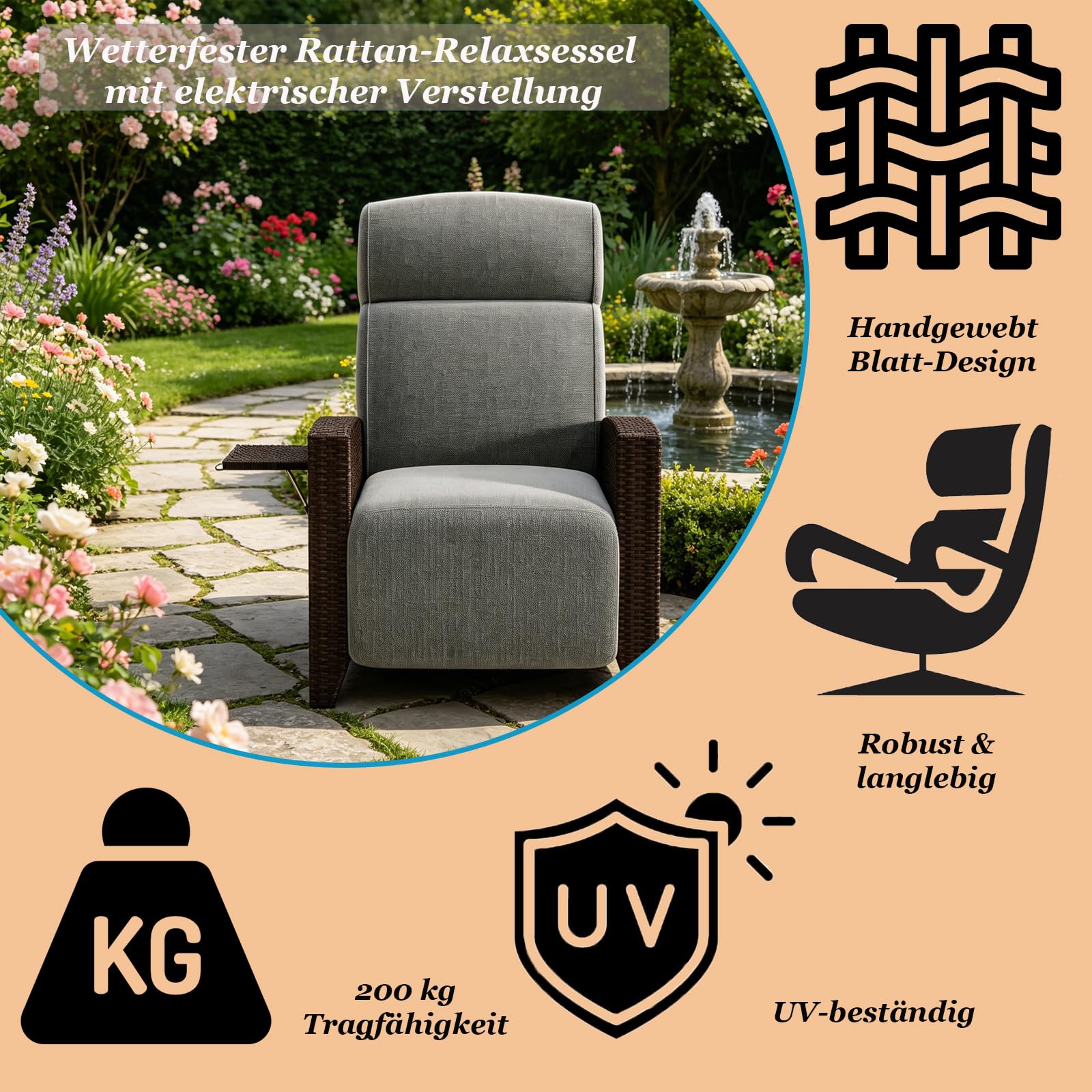 Outdoor Relaxsessel mit Klappbarem Seitentisch, 150° Verstellbarer Polyrattan Liegesessel mit Fußstütze & Kissen, Gartenliege für Innen & Außen,Terrassenstuhl für Balkon Garten Poolbereich (1Stuhl+1T) 6