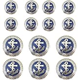 KENDANY 14 Piece Vintage Golden Blue Metal Blazer Button Set - Naval Anchor - for Blazer, Sport Coat, Uniform(15MM 20MM)(0.59in-0.79in)
