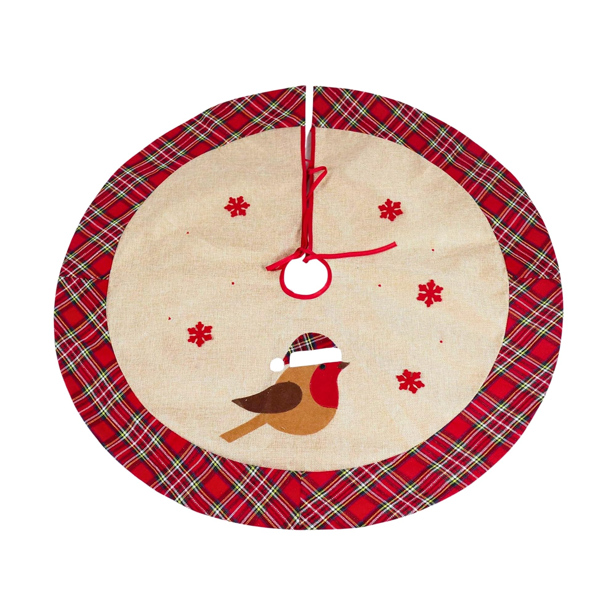 86cm Robin Christmas Tree Skirt, Burlap Hessian Linen Xmas Tree Base Cover with Snowflake Printed Design, Hook and Loop Fastening, Decorative Floor Mat for Holiday Home and Festive Decorations