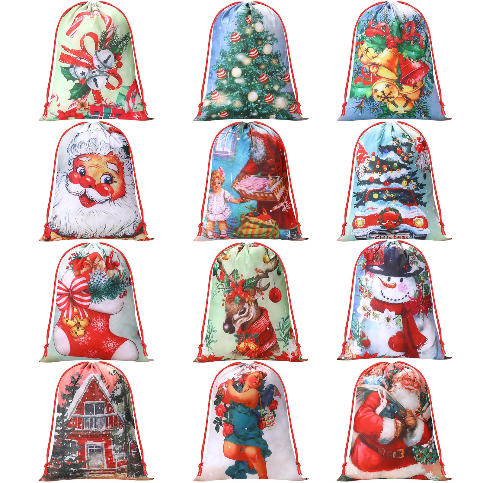 Photo 1 of 12 Pcs Christmas Drawstring Backpack Gift Bags Christmas Goody Treat Bags Santa Claus Xmas Tree Winter Snowflakes Snowman Wrapping Gift Bags for Kids Holiday Birthday Party (Vintage, 13.2 x 16.3 In)