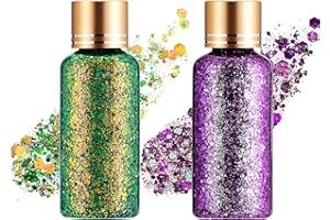 KIMIEYE Holographic Body Glitter Gel for Face, Body, Nail, Super Long Lasting Waterproof Quick Dry Liquid Chunky Glitter Eyeshadow for Rave Festival Party Makeup Accessories, 1oz (Green & Purple)