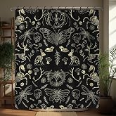 Black Goth Witchy Skull Shower Curtain Gothic Home Gift 72x72 Inches | Wild Animal Skeleton Goth Witchy Moth Print, Urban Home Guest Housewarming Gothic Lover Bath Decor, With Fabric Hooks