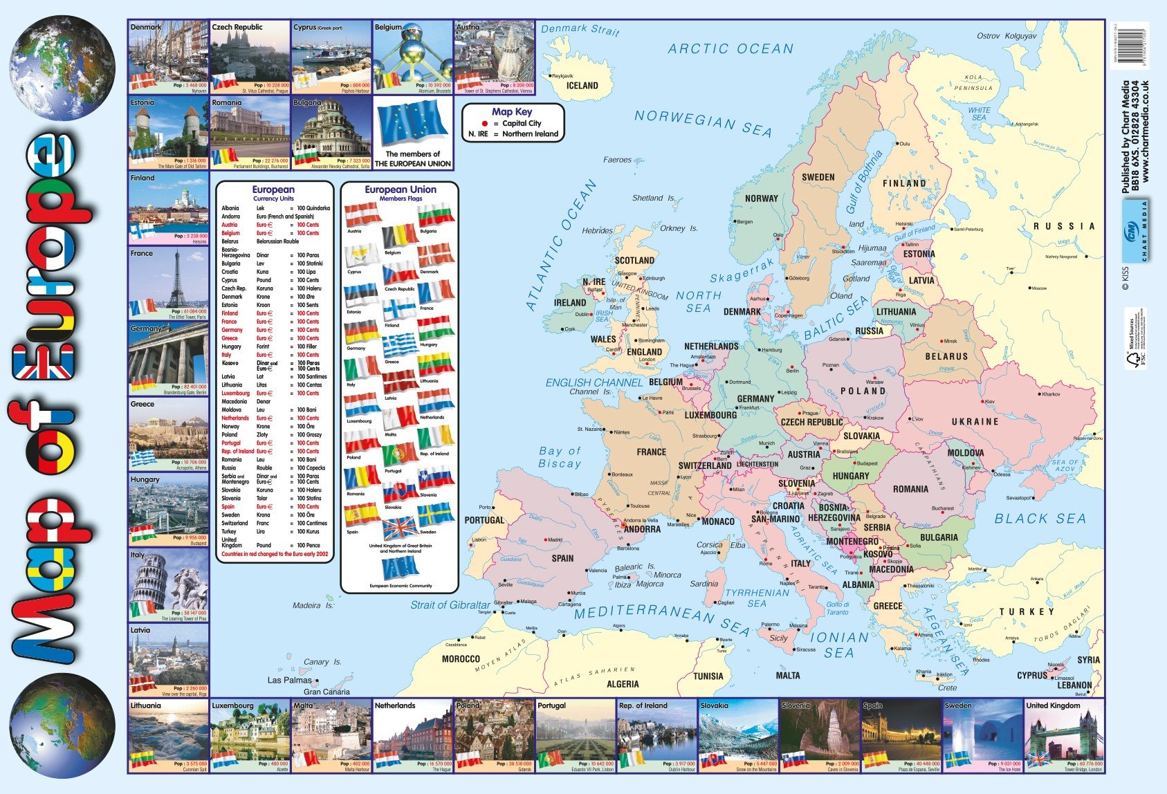 Chart Media Map of Europe Poster/Wallchart for Schools/Colleges - with European Flags & Currency Info - 60 x 40 cm