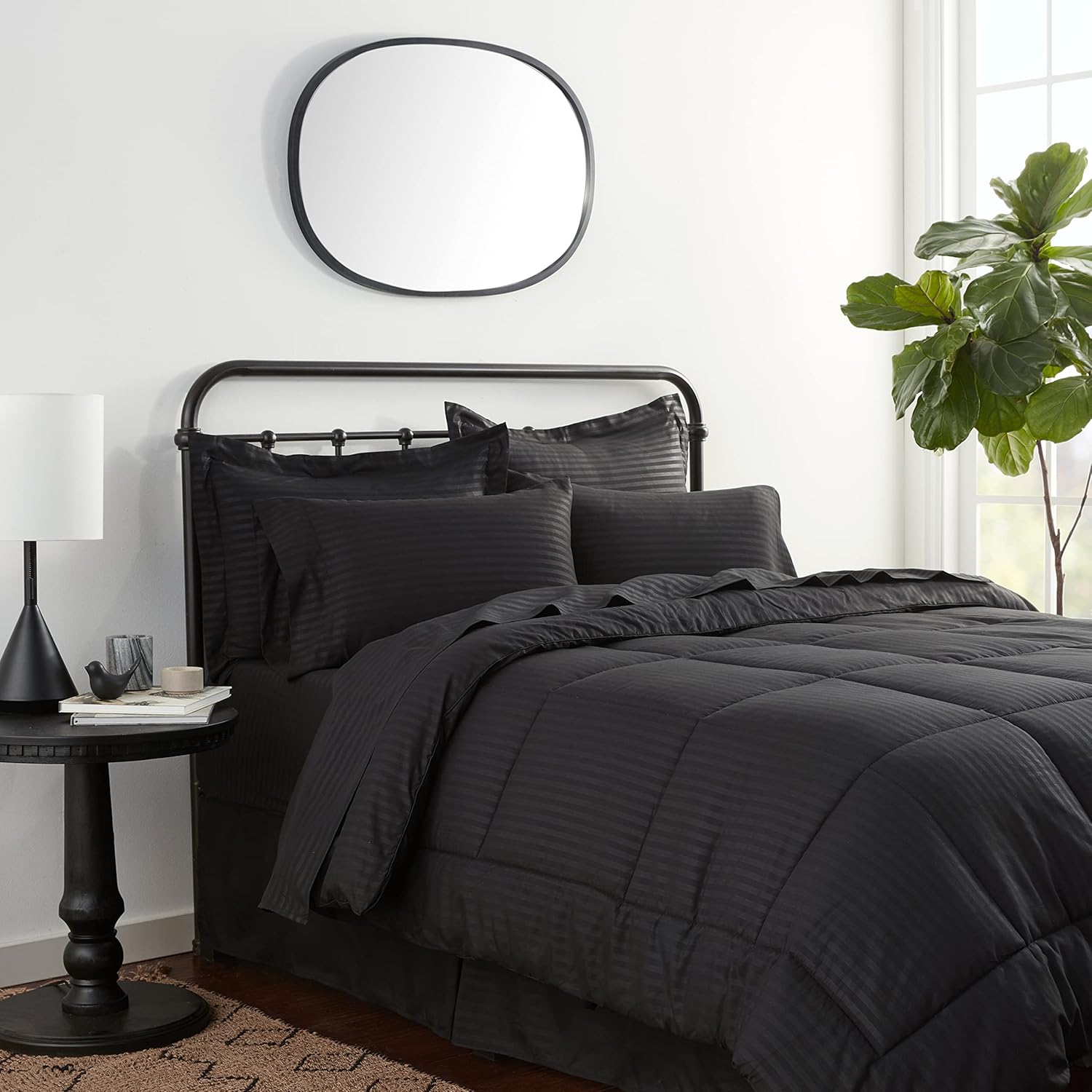 Sweet Home Collection 8 Piece Comforter Set Bag with Unique Design, Bed Sheets, 2 Pillowcases & 2 Shams Down Alternative All Season Warmth, Queen, Dobby Black: Home & Kitchen