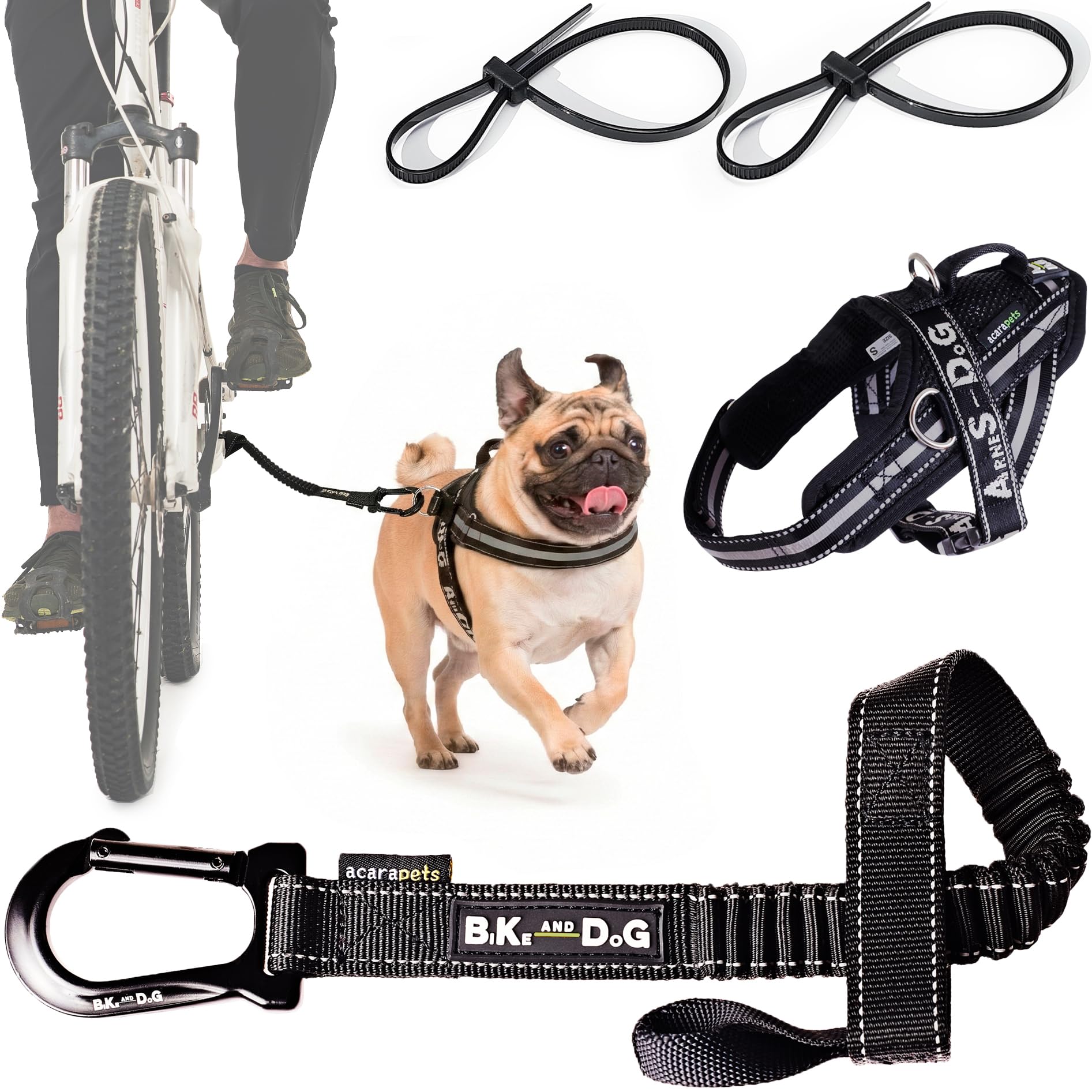 BIKE AND DOG - Dog leash and dog harness for bicycle, harness with side rings, includes 2 bicycle straps. Patented. (Black, Leash-harness S)