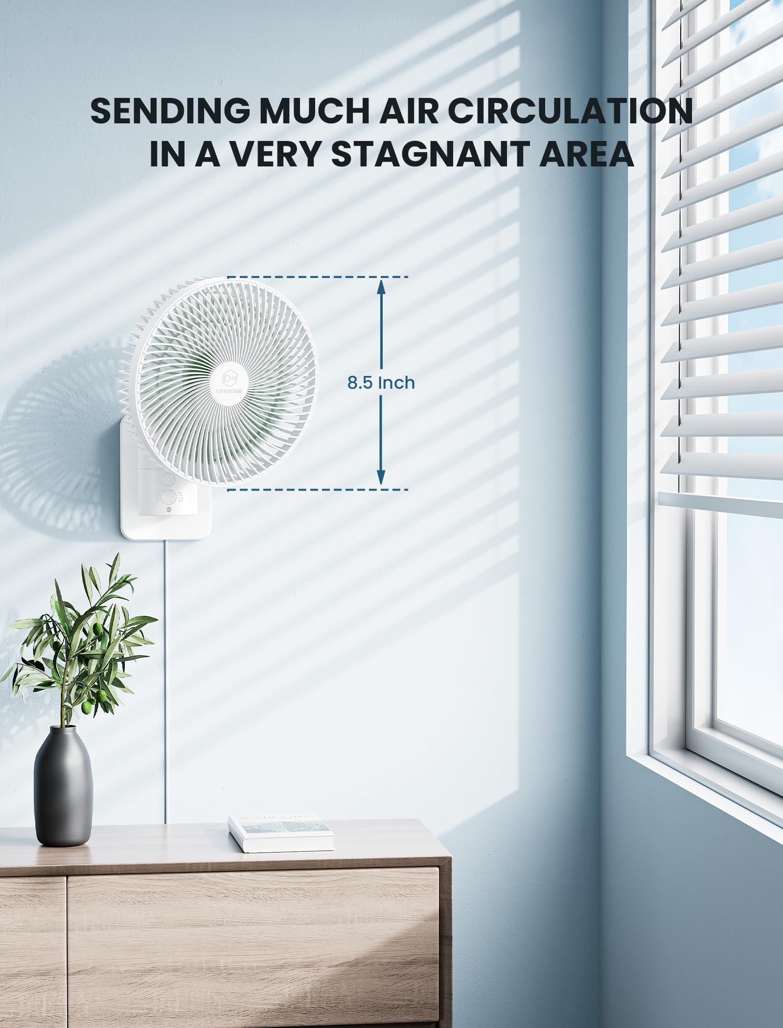 8.5-Inch Quiet Wall-Mounted Oscillation Fan with Remote & Timer, 4-Speed Adjustable for Small Bathrooms, Indoor Bedroom Cooling for RV, Adjustable Tilt, 5.92 ft Cord, Garage Cooling Fan for Home