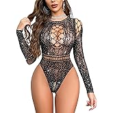 Mingnos Sexy Glitter Fishnet Bodysuit for Women Long Sleeve Festival Rave Outfit Mesh Tops