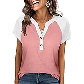 ANRABESS Womens Tops Short Sleeve Henley Shirts Summer V Neck Color Block Tunic T Shirts Casual Blouses Work Trendy Clothes