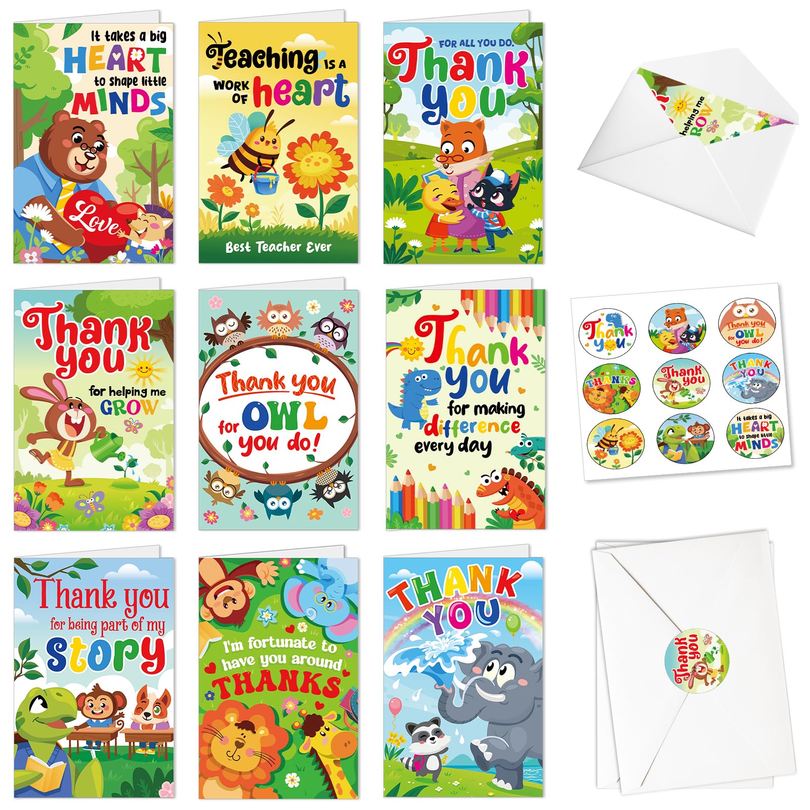 DPKOW Thank You Teacher Cards Animal Theme, Teacher Appreciation Cards Greeting Thank You Teacher Gifts Present - 9 Thank You Cards with Envelopes + 9 Thank You Teacher Stickers, Teachers Day Gifts