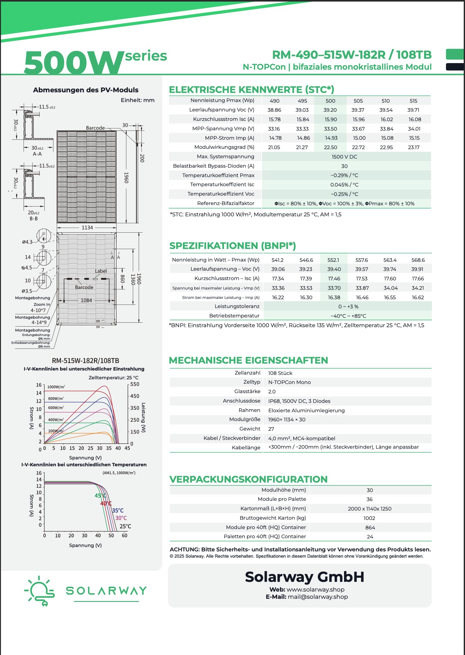 Solarway 500W Solarpanel Full Black Bifazial Glas/Glas PV Panel mit positiver Leistungstoleranz von 0-5 Watt, n-type, geeignet für Balkonkraftwerk 9