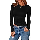 PRETTYGARDEN Womens Long Sleeve Shirts 2026 Fall Trendy Crewneck Slim Fit Asymmetrical Going Out Tops Ruched Tee Y2k Clothes