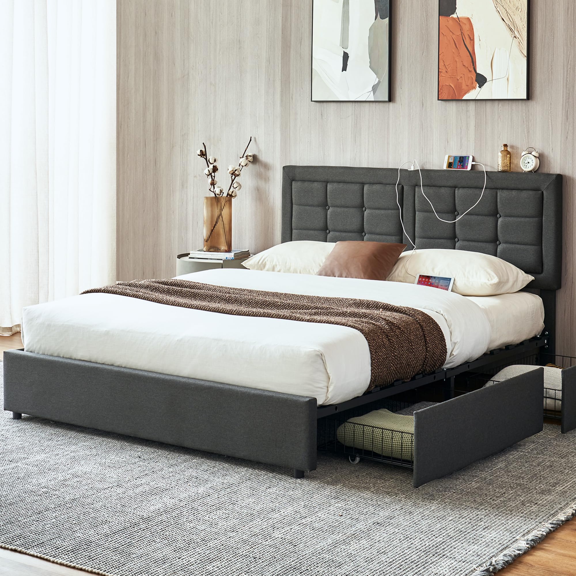 VECELO Full Size Bed Frame with 4 Drawers, Adjustable Tufted Button Headboard, Upholstered Platform with Wood Slats Support, Built-in USB and Type C Ports, Dark Gray Image VECELO Full Size Bed Frame with 4 Drawers, Adjustable Tufted Button Headboard, Upholstered Platform with Wood Slats Support, Built-in USB and Type C Ports, Dark Gray Image