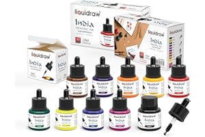 Liquidraw Drawing Ink Set of 10 Colored India Ink Bottles 35ml Waterproof Assorted Colors Colorful Indian Inks for Art, Painting, Artists, Calligraphy, Dip Pens, Brushes, Canvas, Fabric & Wood