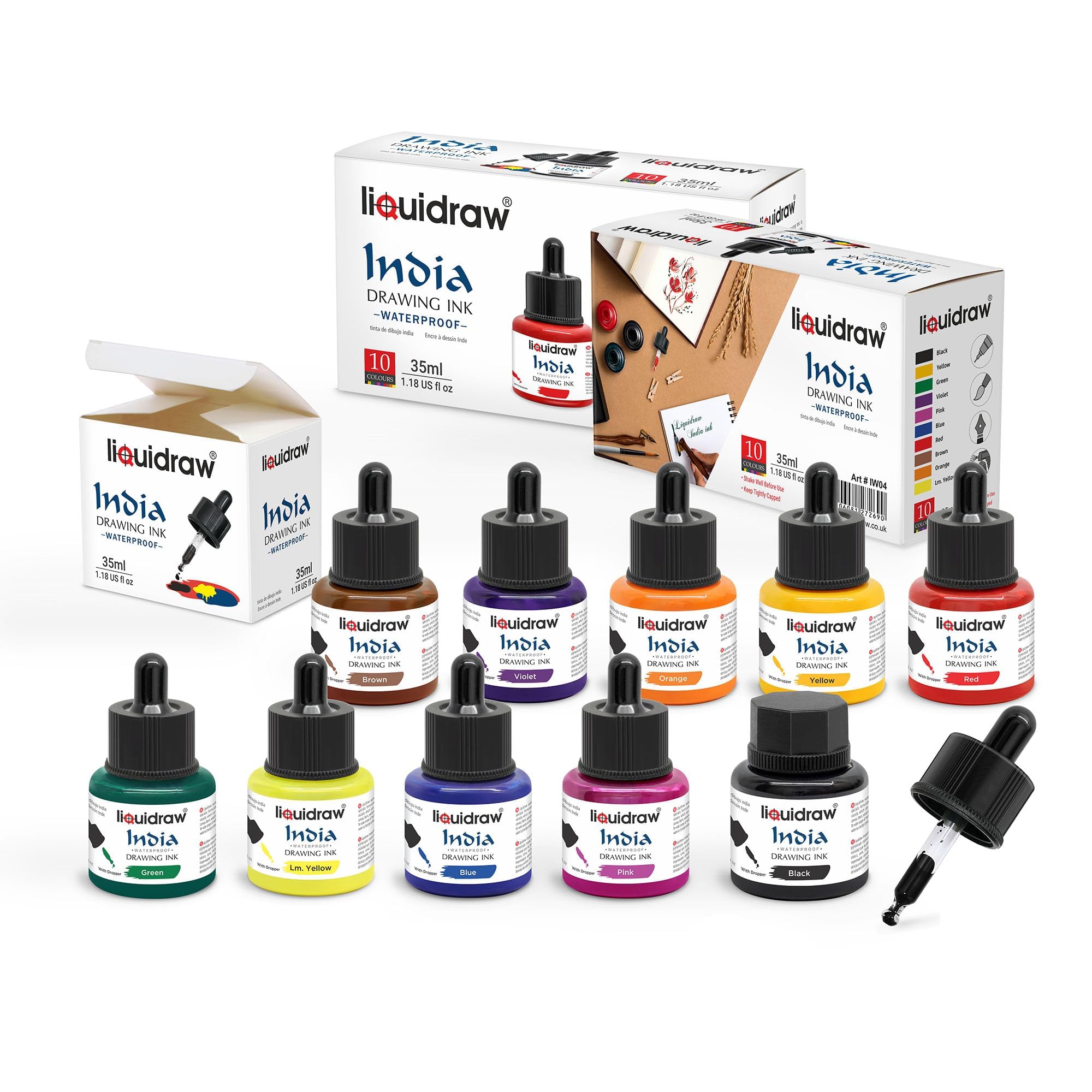Liquidraw Waterproof Coloured Drawing Ink with Dropper | 10 x 35 ml Bottles | Set of Assorted Colours | India Ink for Calligraphy, Pens, Brushes & Dip Pens | Ideal for Drawing, Writing & Art Projects