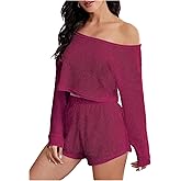SHENHE Women's 2 Piece Pajama Set Off Shoulder Long Sleeve Crop Top and Shorts Loungewear Outfits