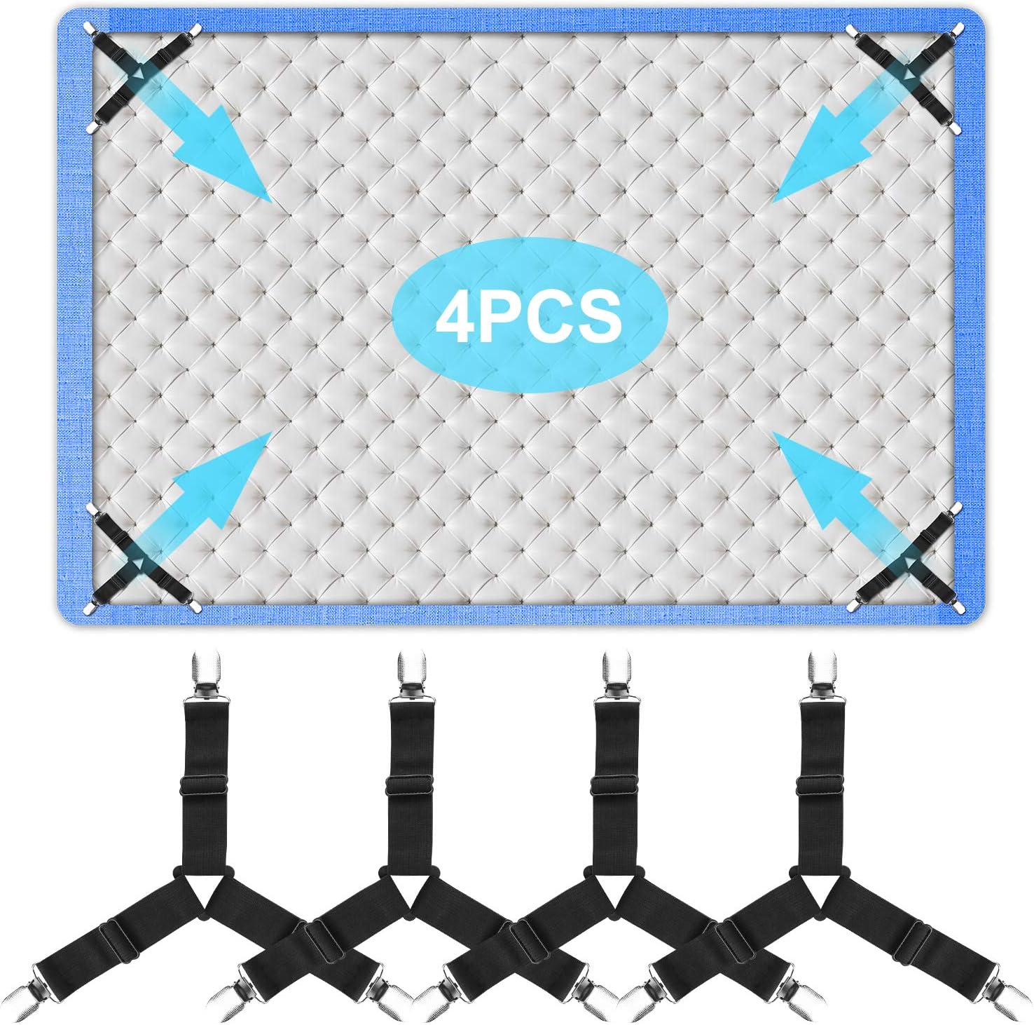 JANFANN 4 Pcs Bed Sheet Holder Straps, Best Product for Keeping Sheets On, Bed Sheet Clips, Adjustable Triangle Elastic Suspenders Gripper Holder Strap Clip for Mattress Covers, Sofa Cushion: Home & Kitchen