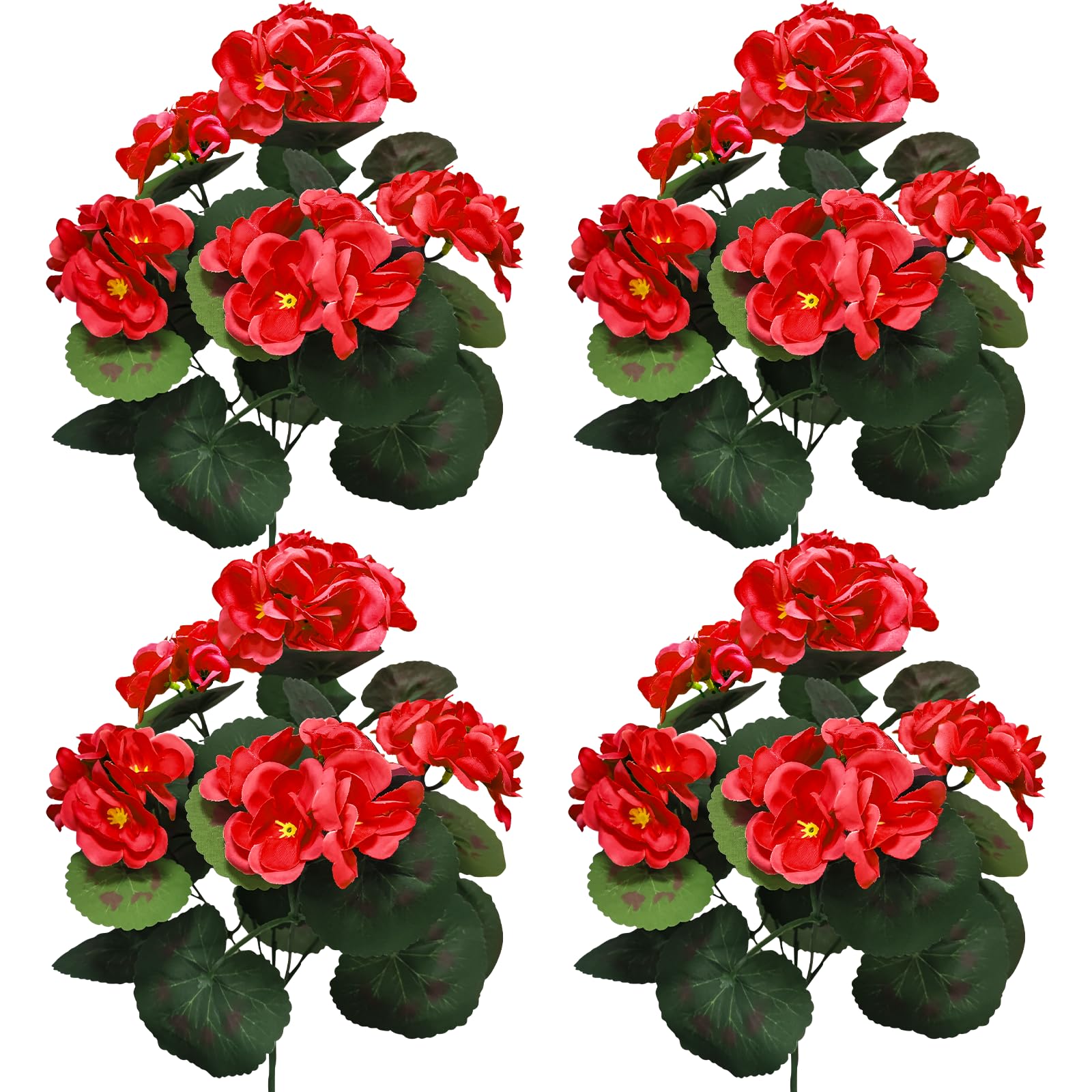 TURNMEON Artificial Geraniums Flowers for Outdoors Summer Decoration, 4 Bundles Fake Flowers Silk Red Flowers UV Resistant No Fade Faux Plants for Gardens Planter Patio Balcony Indoor Cemetery Decor