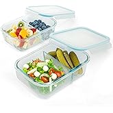 Moss and Stone Rectangular Borosilicate Glass Meal Food Containers - Prep Food Storage Containers Airtight - Snap Locking Lids – Microwave, Oven, Freezer, Dishwasher Safe – with 2 Compartment 2 Pack