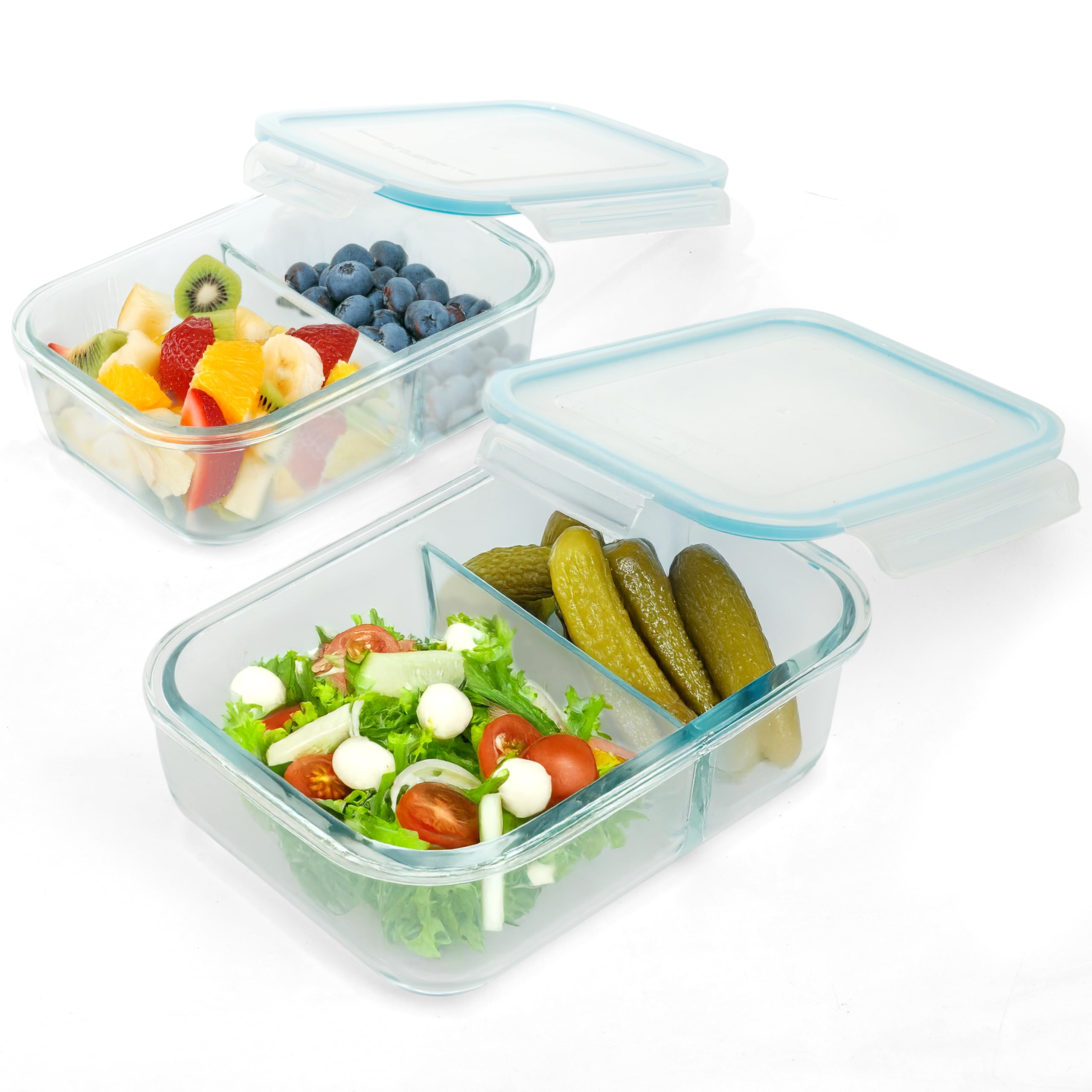 Photo 1 of Moss & Stone 4-Pack Divided Kitchen Glass Food Storage Containers Set with Lids – Reusable 2-Compartment Glass Meal Prep Containers for Kitchen, Lunch or Fridge, Airtight Snap-Lock – 2 Sizes Included