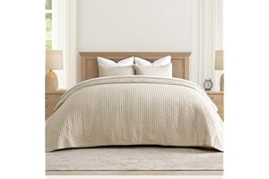 EVERGRACEHOME Cross Stitch Pre-Washed Cotton Quilt Bedding Set King Size, Oversized 3 Pieces Lightweight Bedspread Coverlet for All Season, with 2 Matching Shams, Flax Beige,118"x106"