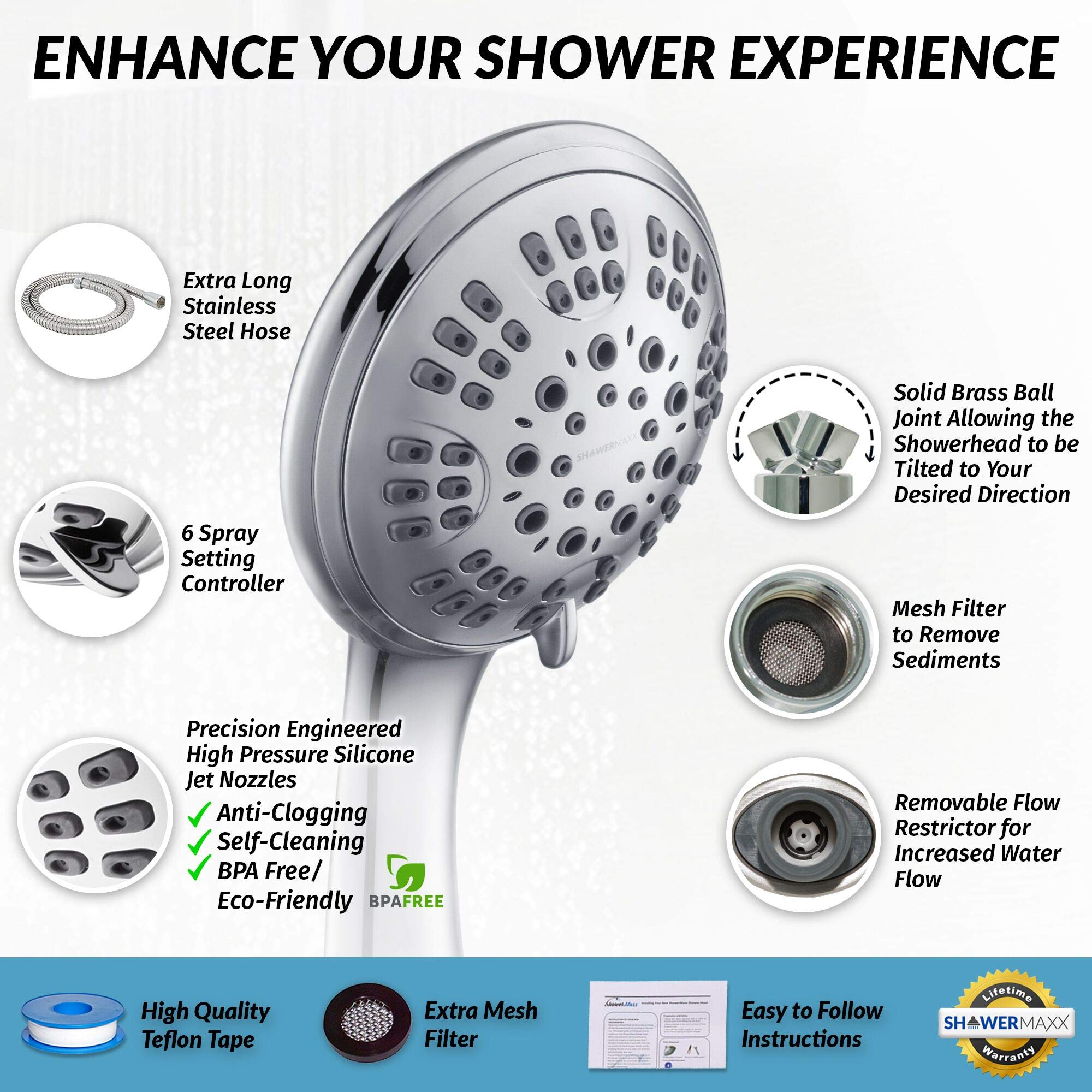 ShowerMaxx Shower Head Premium 6 Spray Settings Luxury Spa Detachable