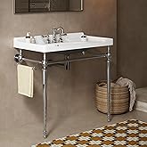 Yayzy 36” Bathroom Vanity with White Ceramic Sink, Wall-Mounted Console Style, Silver-Finish Stainless Steel Legs & Towel Bar