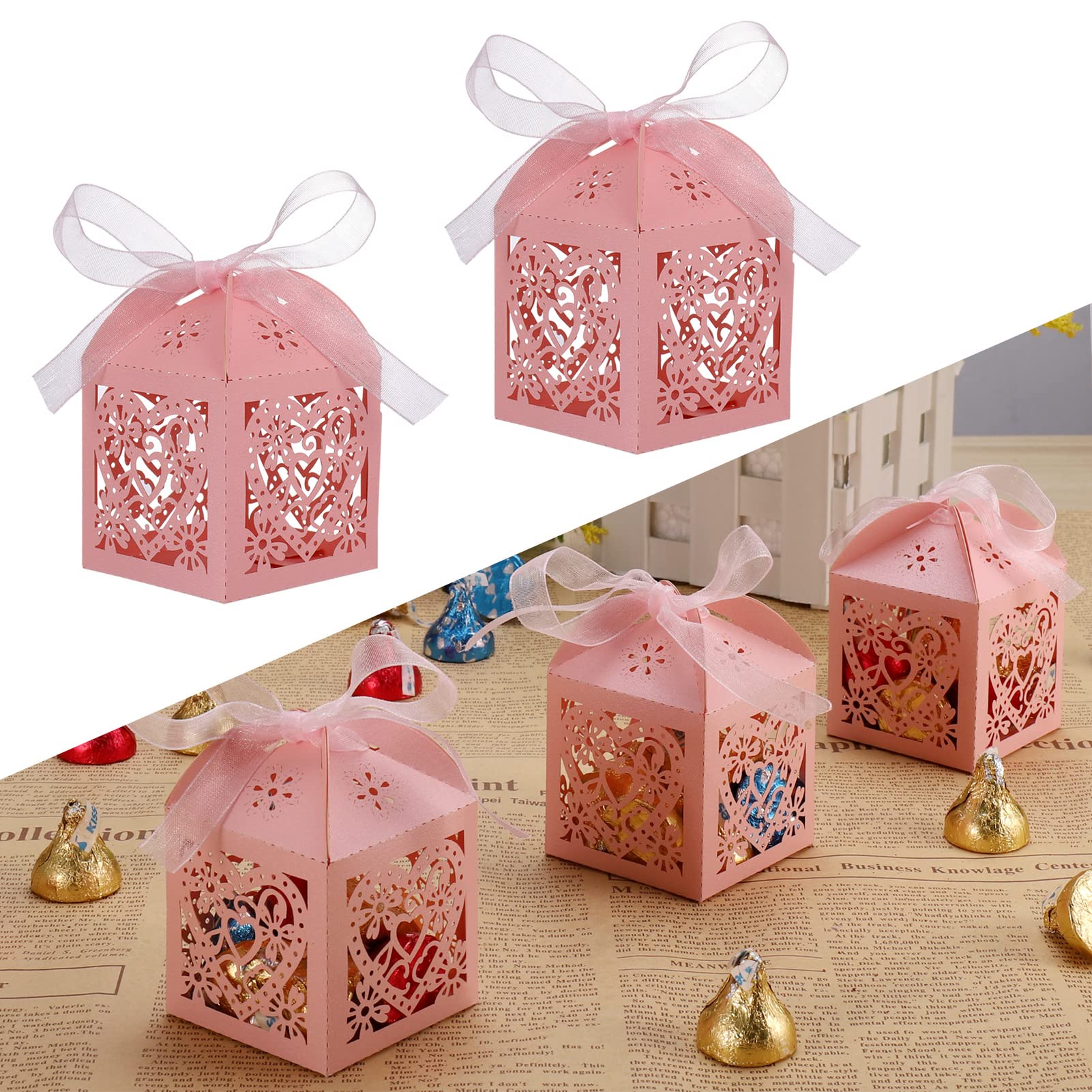 20 Pcs Party Favour Boxes, Wedding Favour Box with Ribbon, Small Sweets Gift Box for Christening Decorations, Laser Cut Hollow Box for Party, Communion, Wedding, Christmas Deco (Pink)