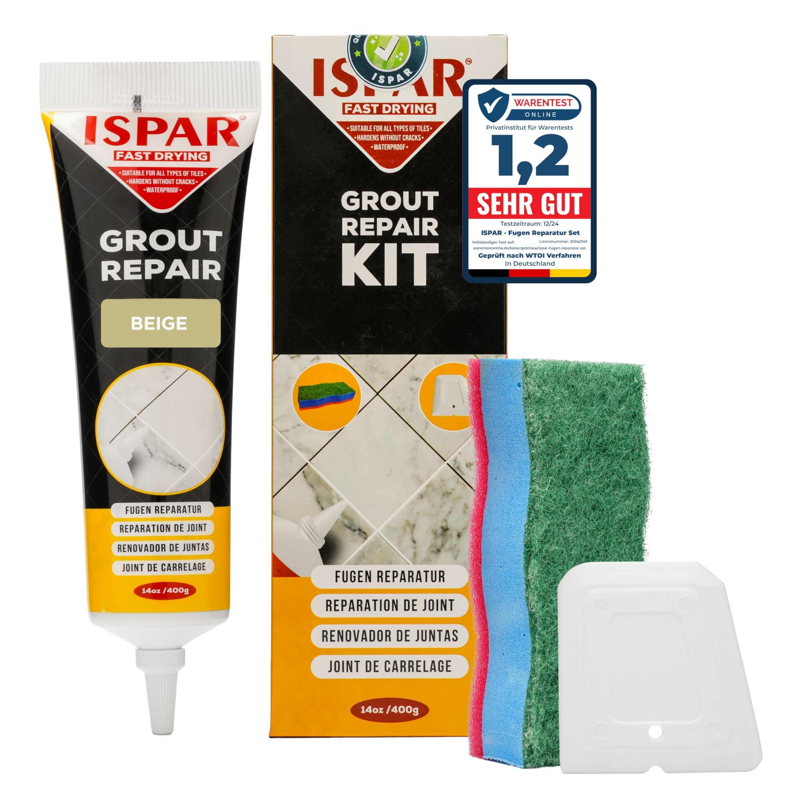 Ispar Tile Grout, 400 g Beige Grout Reviver, Fast Drying Premixed Grout Repair Kit with Spatula & Sponge, Ideal for Bathroom, Kitchen & Floor Tiles Renewal