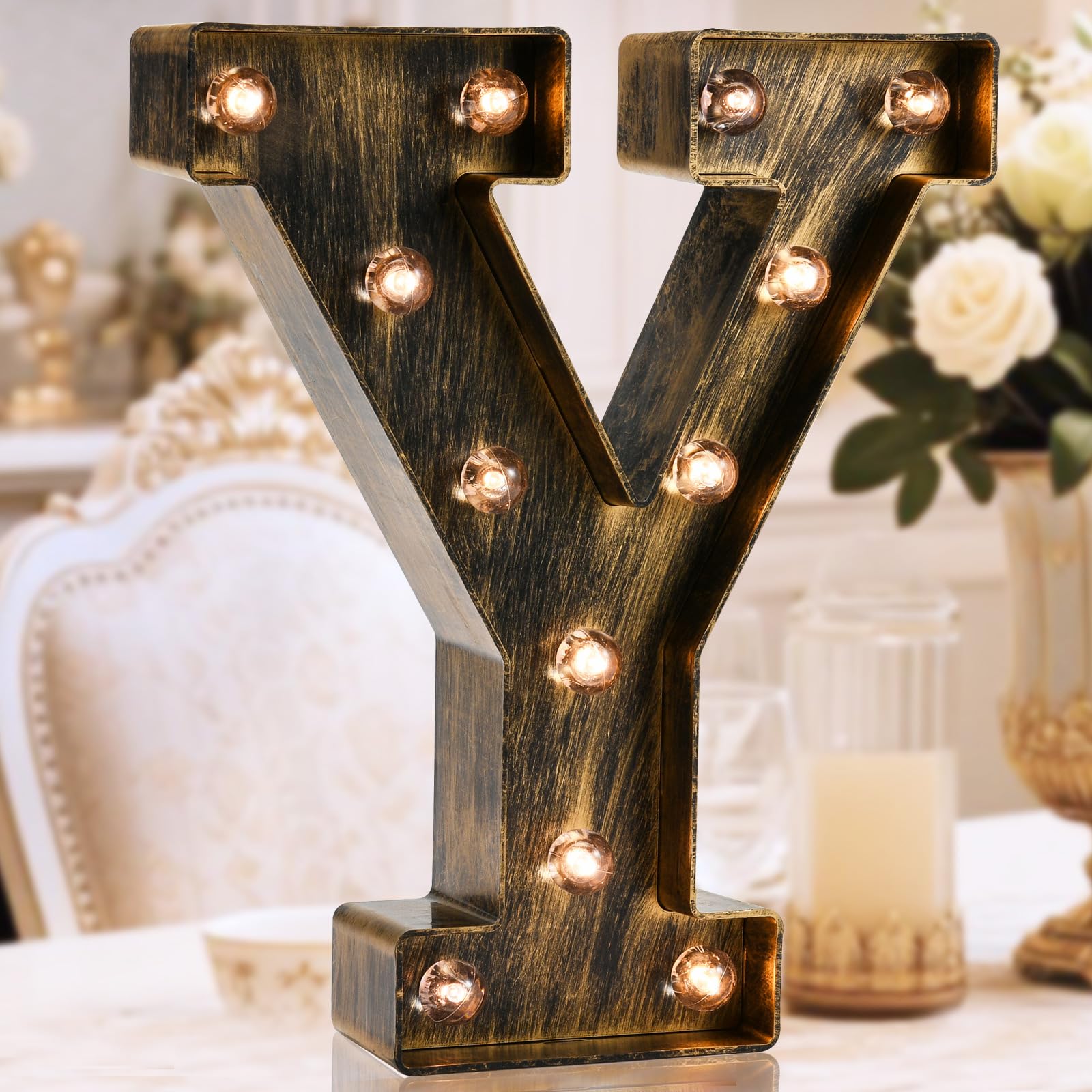 Golden Black Led Marquee Letter - Industrial, Vintage Style Light Up Alphabet Letter Sign for Cafe Wedding Birthday Party Christmas Lamp Home Bar Initials Decor - Y