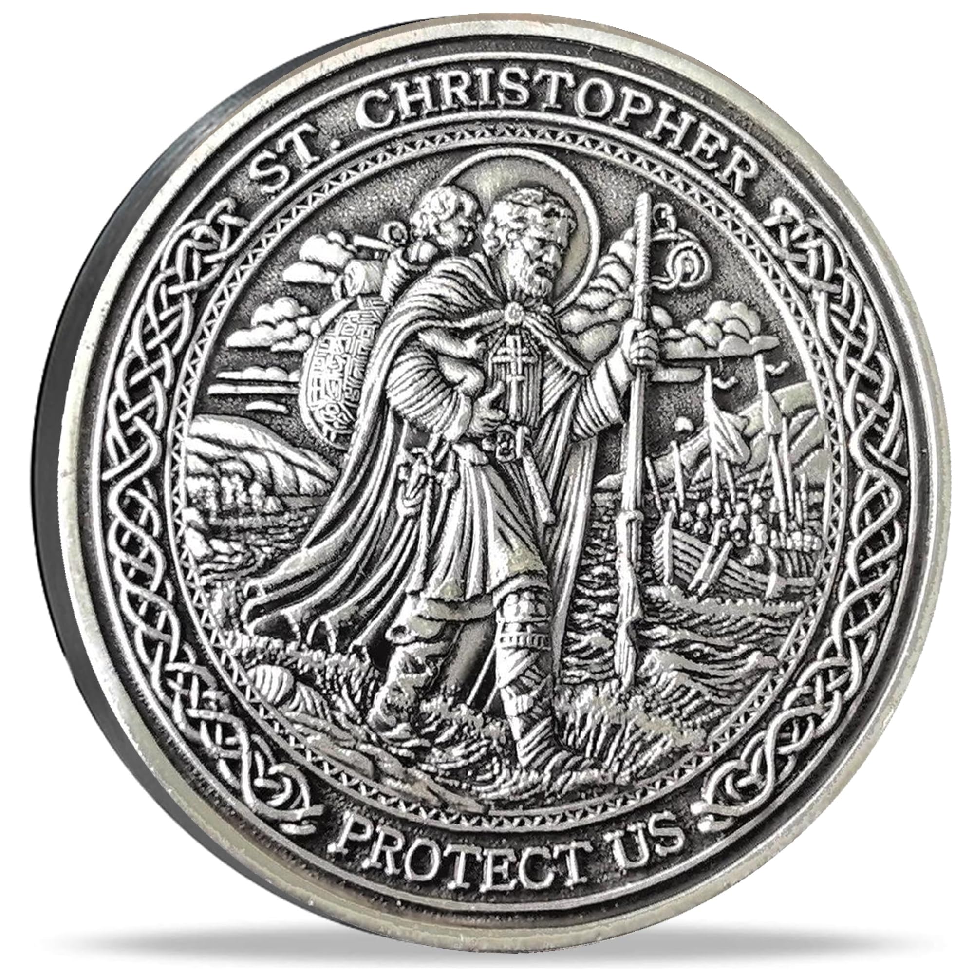 Photo 1 of Strugglejewelry Saint Christopher Guardian Medallion: Divine Protector for Safe Travels — Christian Challenge Coin with Traveler's Prayer (Silver)