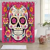 TheBlackSpot Sugar Skull Mexican Shower Curtain Sets Halloween Bath Curtains Decor Sets Grommet with Hooks (72W×72L inches)