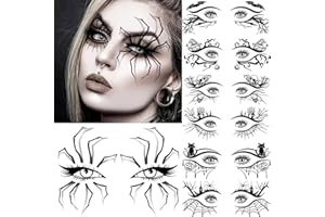 SHELYEXIEN 7 Sheets Halloween Eye Shadow Temporary Tattoos For Women Men Kids Adults, Halloween Eye Scary Face 3D Spider Web Tattoo Stickers, Cat Skull Bat Eyeliner Fake Tattoos Halloween Makeup Accessory