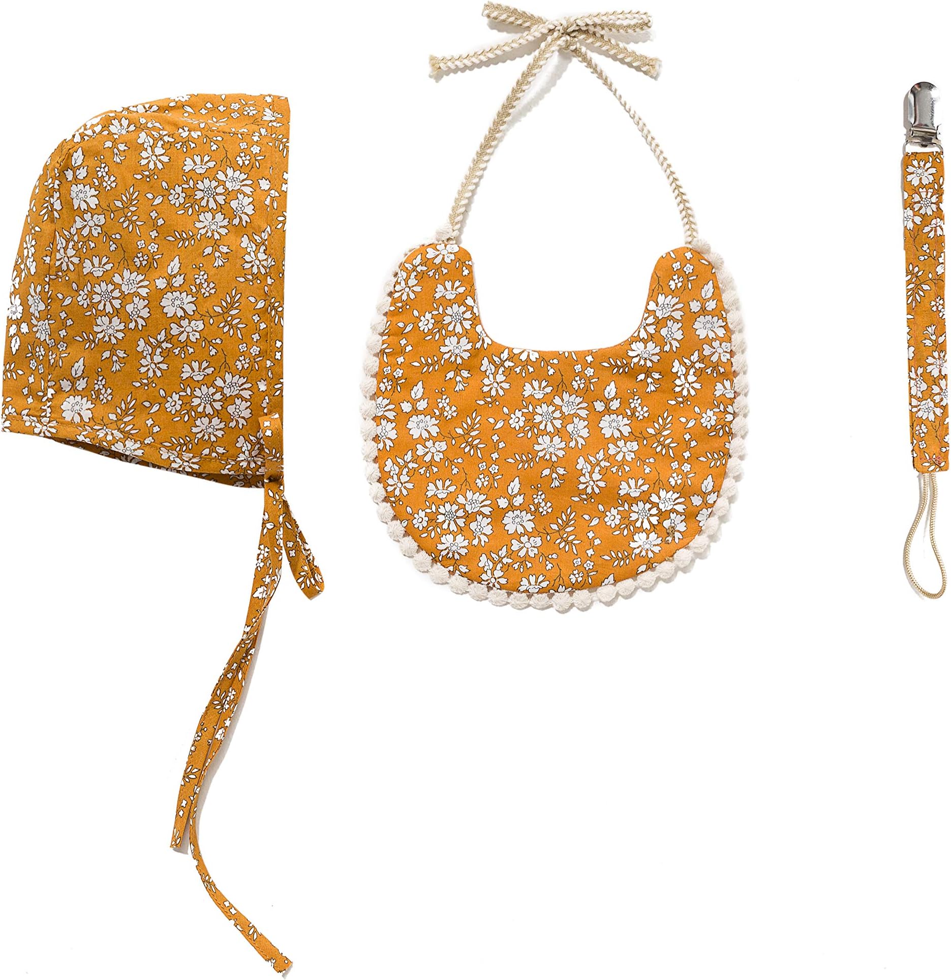Baby Girls Bibs and Bonnet and Pacifier Clip Set,3-Pack