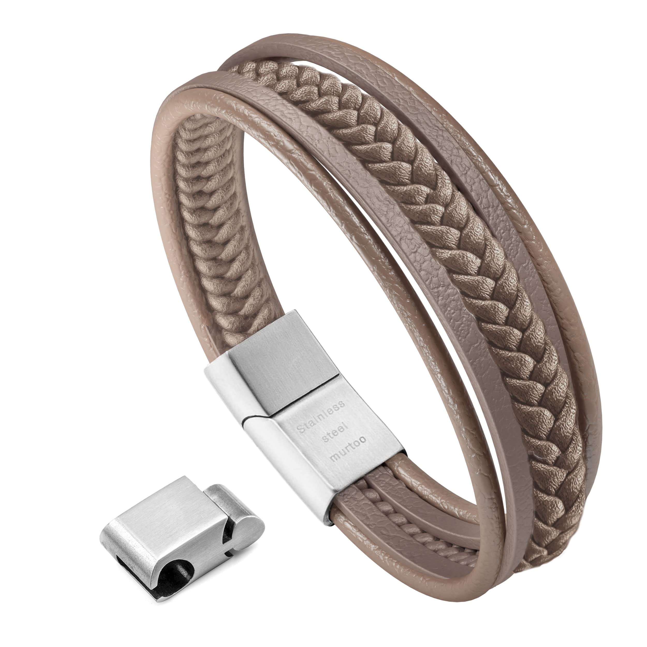 murtoo Bracelet for Man Cowhide Genuine Leather Women Unisex Cuff Wrap Bracelet Brown Black Multi-Layer Magnetic Clasp Rope Wristband (Cappuccino Beige, 8.7)