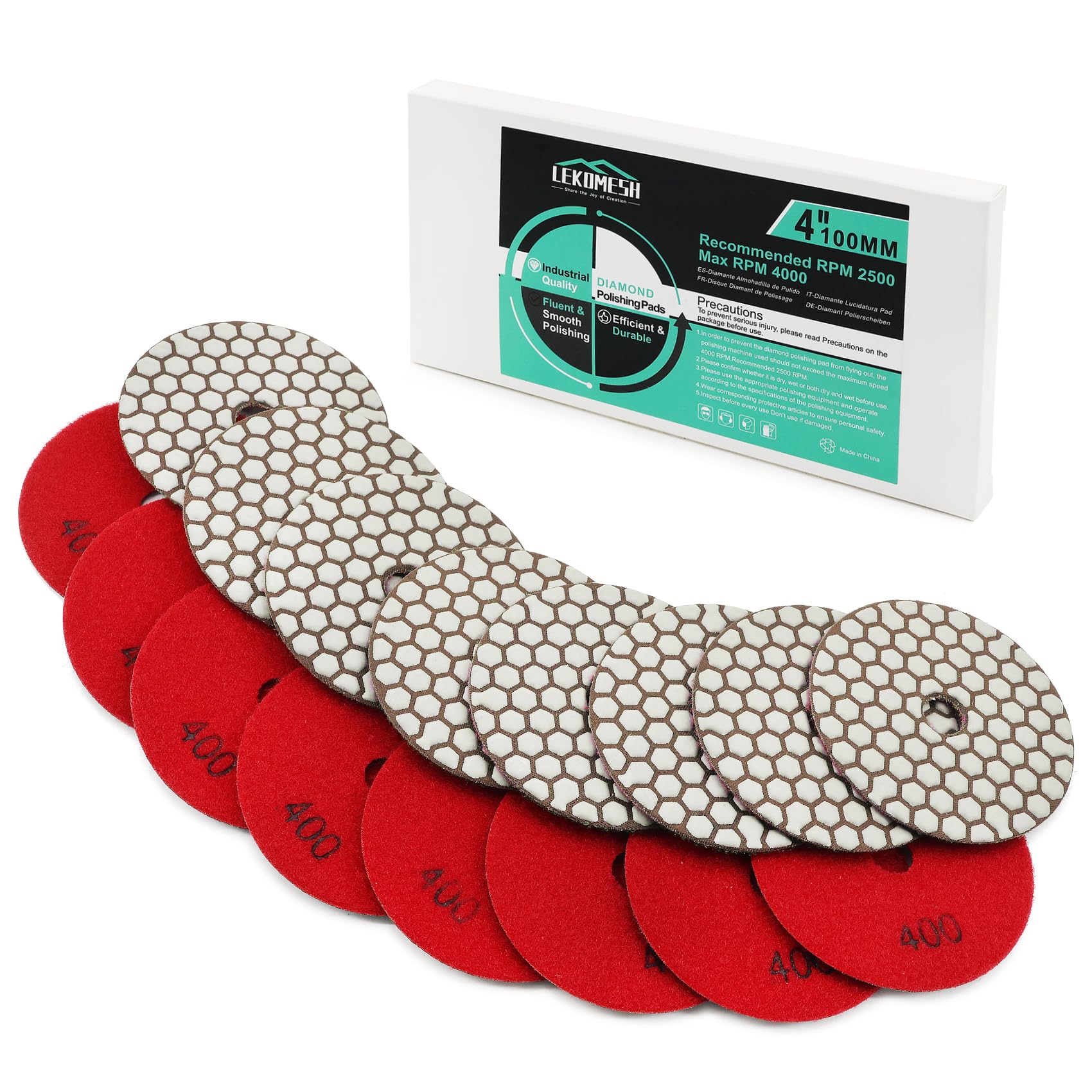 Diamond Dry Polishing Pad LEKOMESH - 8pcs 4 Inch(100MM) #400 Dry Polishing Wheel Set for Granite Marble Artificial Stone Quartz,Polishing Pad for Grinder or Polisher