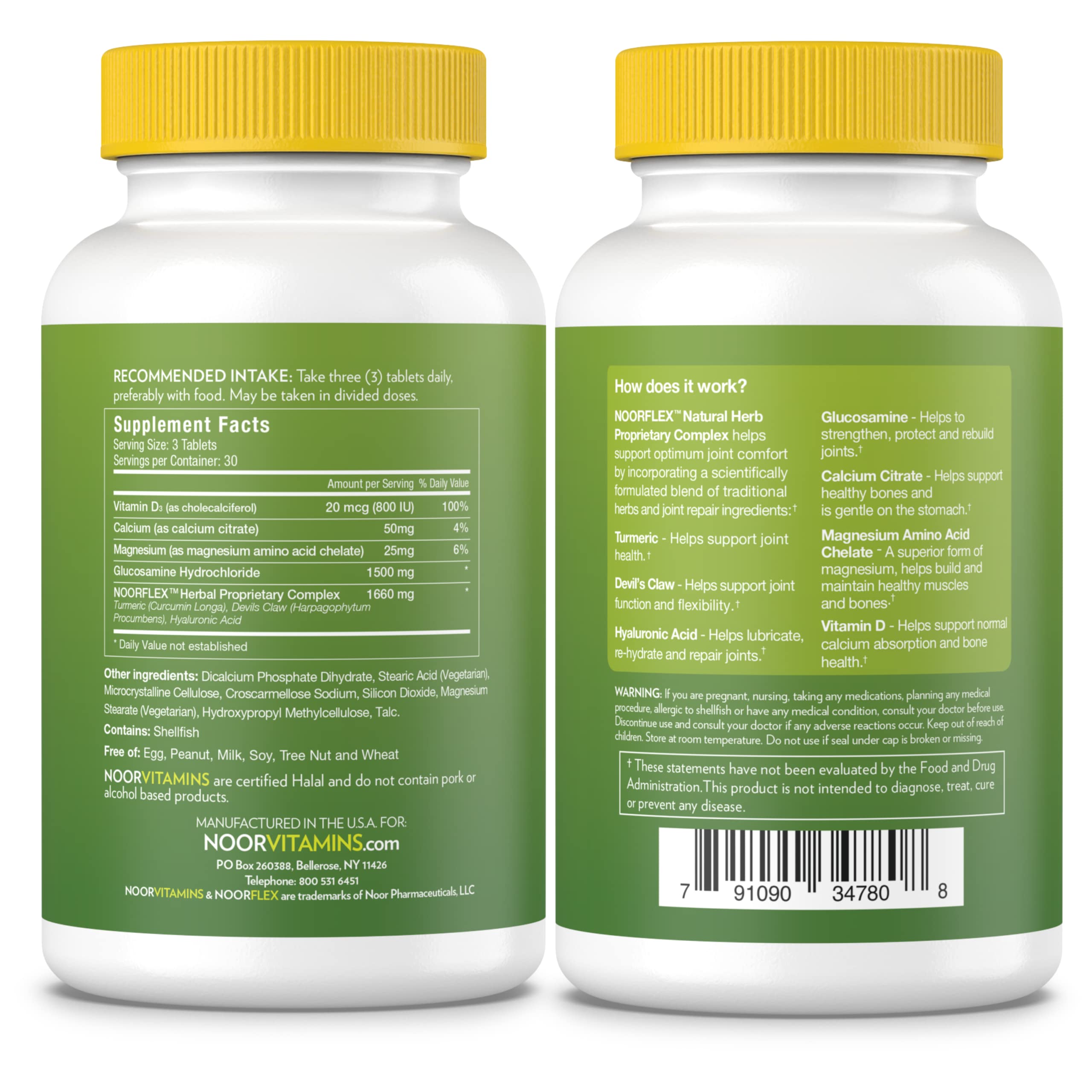 Noor Vitamins Joint+ Halal Vitamins, Glucosamine, Hyaluronic Acid, Calcium, Magnesium, Turmeric, Supports Joint Health in 5 Ways! for Back, Knees & Hands. Non-GMO - 90 Tablets