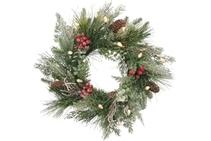 AMERZEST Pre-lit Christmas Wreath for Front Door, Flocked Branches, 30 Inch Battery Operated 50 LED Lights, Decorations for Indoor & Outdoor Green