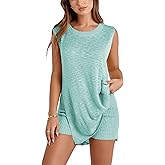 SeekMe Womens Summer Knit Sweater Set Sleeveless Tunic Top Matching Shorts 2 Piece Outfits Trendy Beach Louge Vacation Set