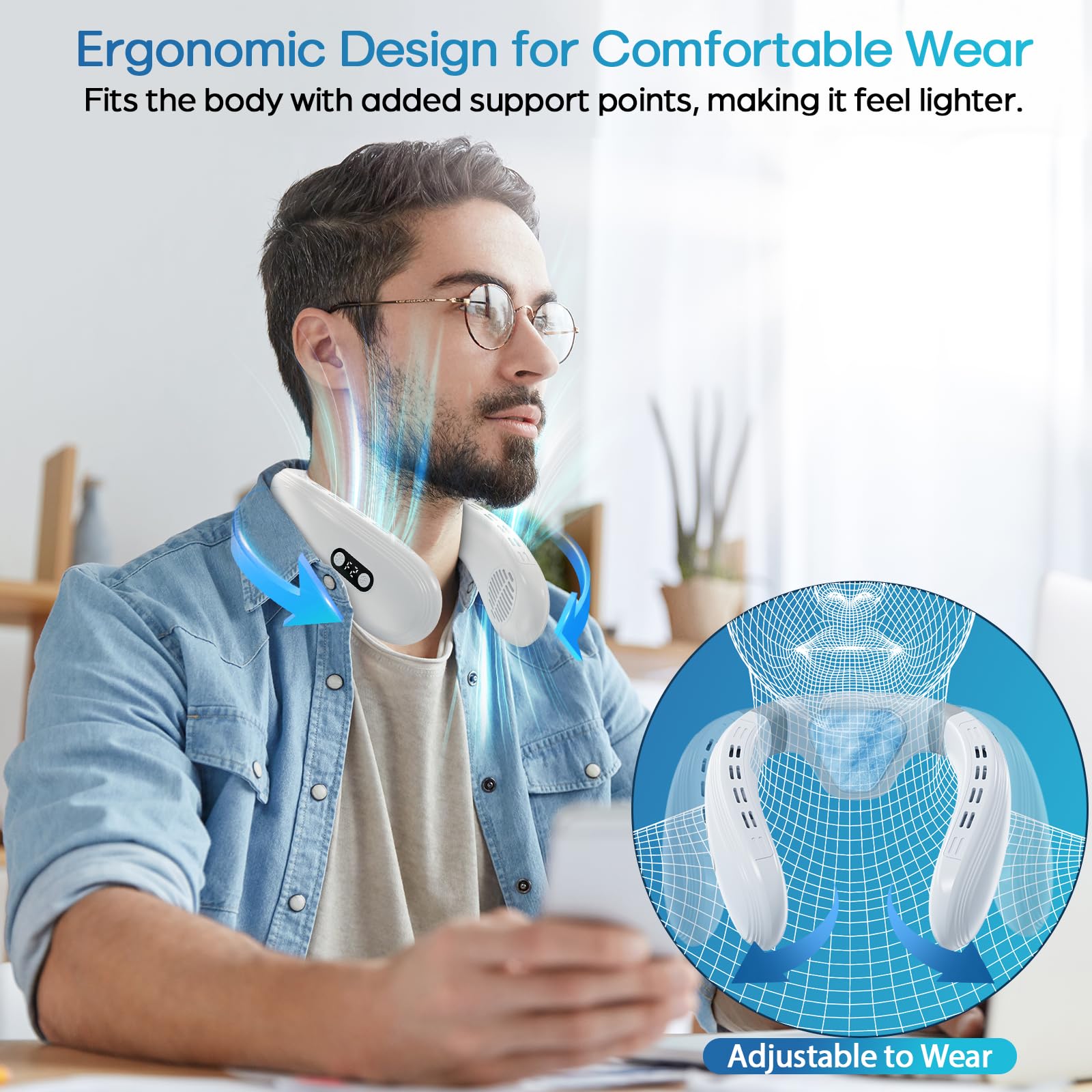 Feenleyin Neck Fan Portable Air Conditioners Personal Fans with Cooling Plate Ergonomic Fan Type-C Rechargeable 5200mAh 360° Airflow Wearable LED Screen 3 Speeds 3 Cooling Setting Gifts