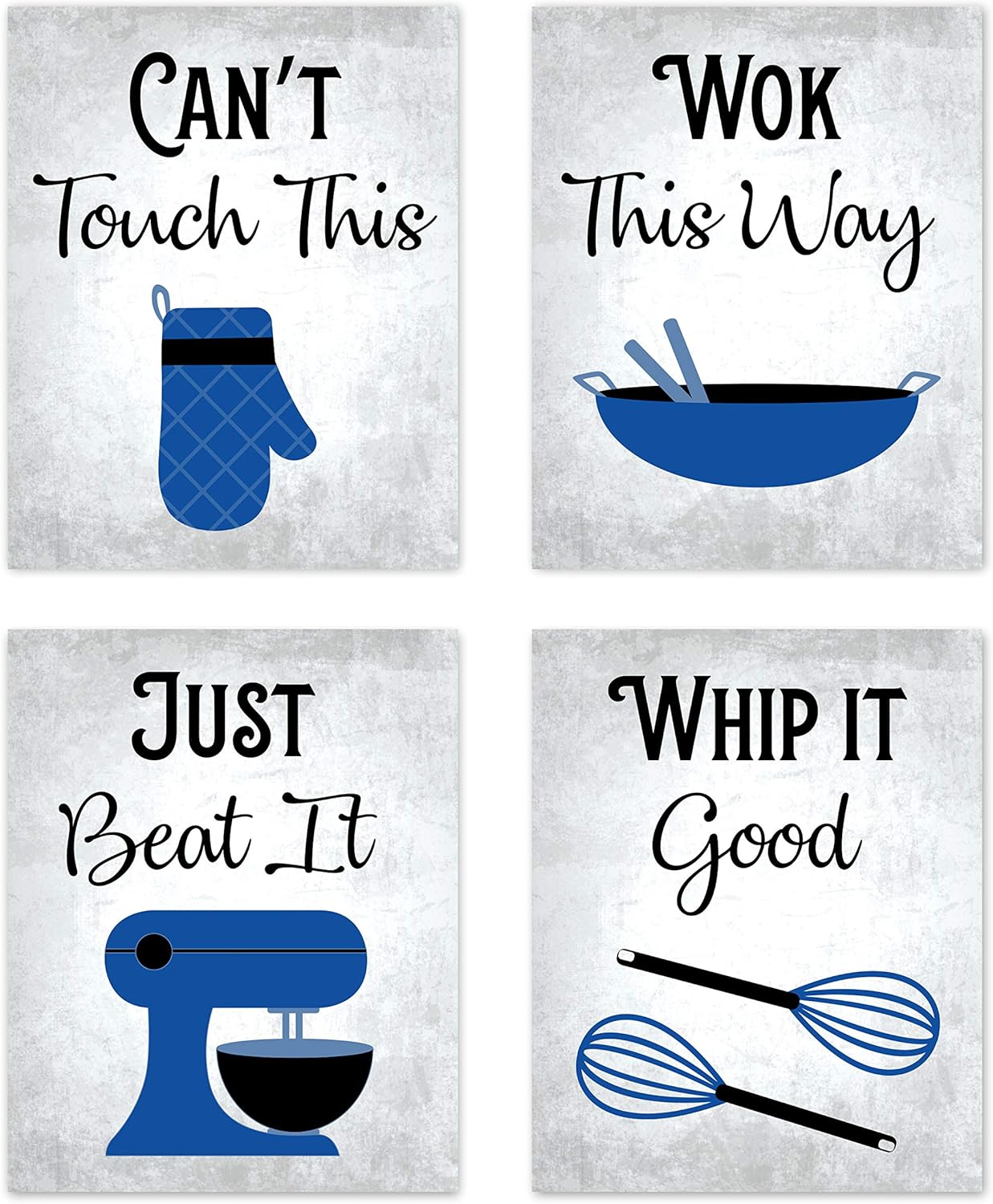 80s Music Songs Retro Vintage Inspirational Kitchen Wall Art Dining Room Cafe and Restaurant Decor Royal Blue Black Gray Grey White Oven Baking Prints Posters Signs Sets Retro Home Decorations Funny Sayings Quotes Unframed (Set of 4) 8” x 10”