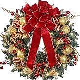 Chrisxiao 24 Inch Christmas Wreath for Front Door, Christmas Wreaths with Golden Balls, Red Berries and Red Bow, ffor Home Door Window Wall Indoor Outdoor Christmas Decoration