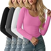 Ficerd 4 Pack Women's Scoop Neck Tops Long Sleeve Slim Fit T-Shirts Stretchy Tight Casual Plain Layering Shirts Tees