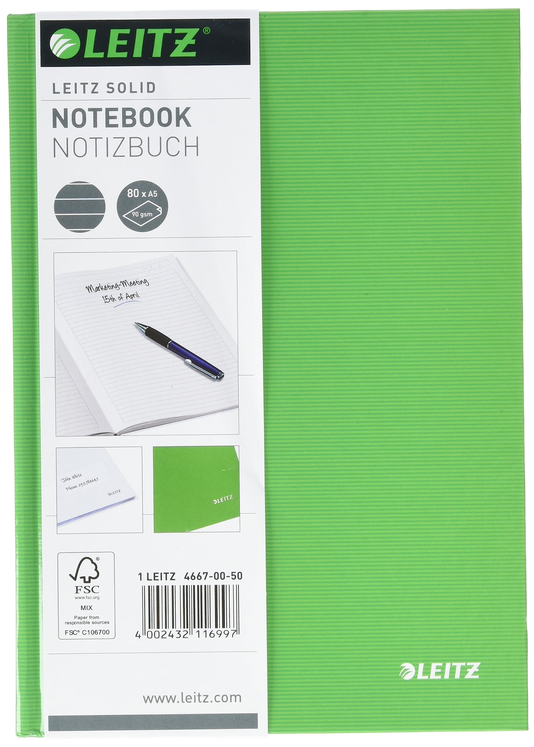 Leitz A5 Lined Notebook, 160 Pages, 80 Sheets of FSC Certified 80 g/m² Paper, Sturdy, Scratch-Resistant Hardcover, For Office, School or as a Diary, Solid Series, Light Green, 46670050