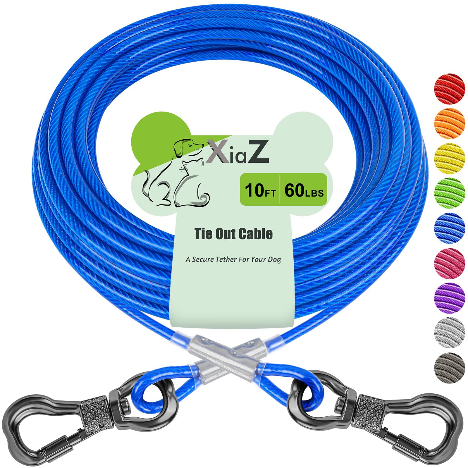 XiaZ Dog Tie Out Cable, Heavy Duty Dog Chains for Outside with Lockable Hook, Pet Runner Cable Leads for Yard, Dogs Line Tether for Small Medium Dogs Up to 60 LBS (10FT, Blue)