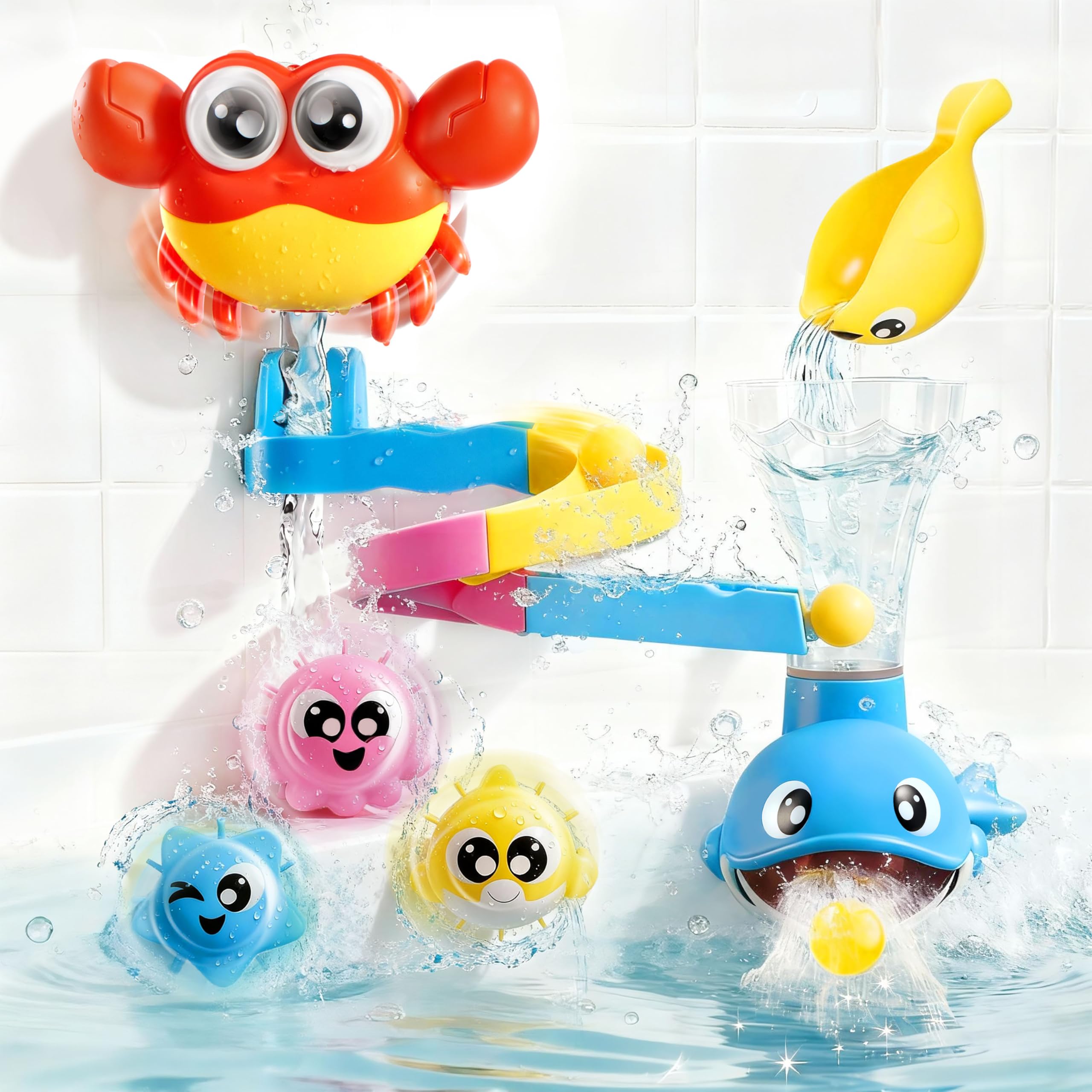 Photo 1 of lalalark Bath Toys for Kids, 7-in-1 Shower Bathtub Toy with Crab, Whale, Rotating Fish & Slide Track, Interactive Water Play Set with Pour & Spray Fun for Toddlers, Boys & Girls Birthday Gifts 3-5