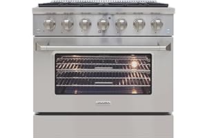 DUURA Elite DE360GRSSS Gas Range Cooktop 36-Inch with Porcelain Convection Oven and Broil Function, 6 Sealed Burners and Continuous Grates with Stainless Steel Construction, Silver