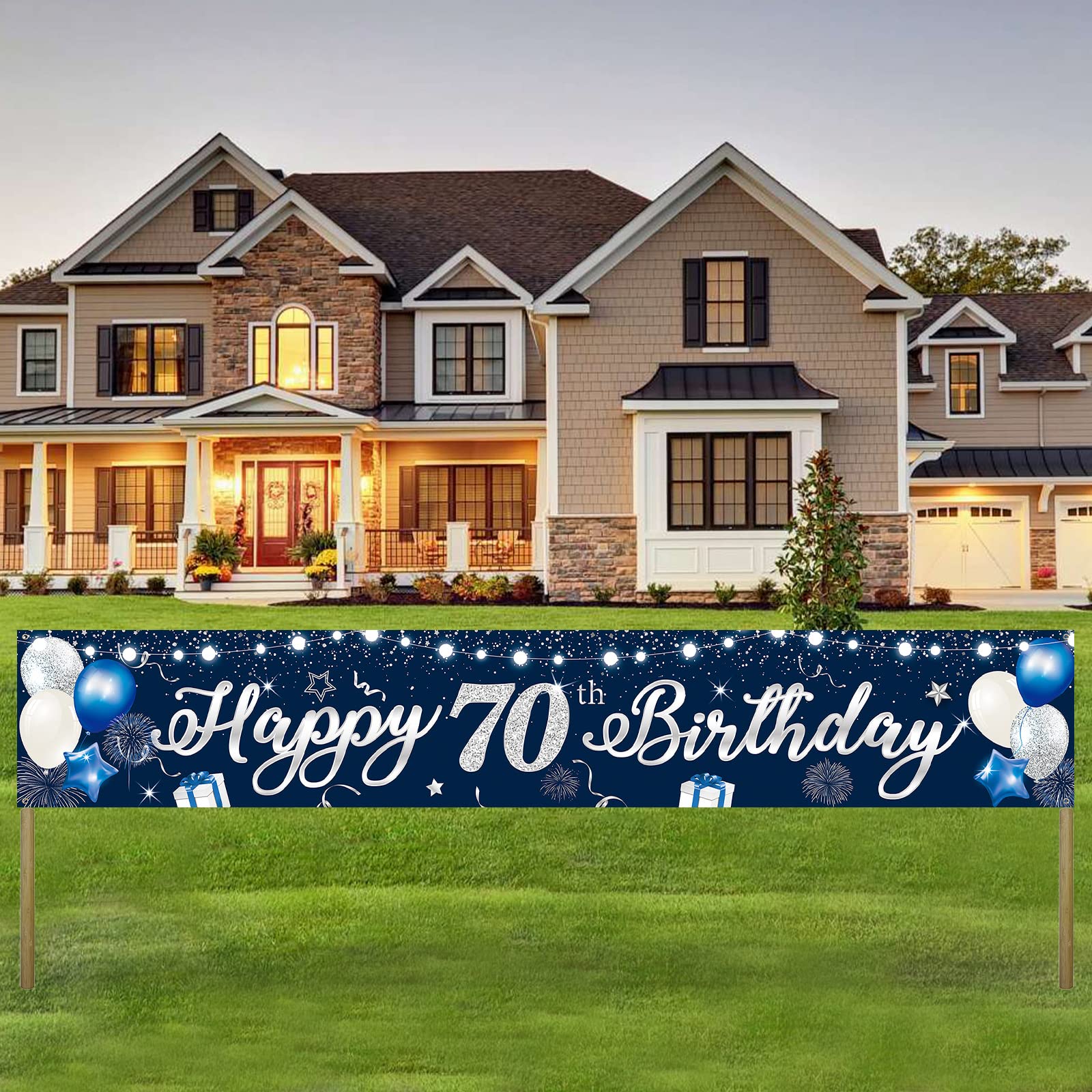Happy 70th Birthday Banner, Blue Silver Happy Birthday Yard Banner, 210*40cm Large Seventy Years Old Birthday Party Yard Sign Banner, Seventieth Anniversary Backdrop Background Decorations for Men