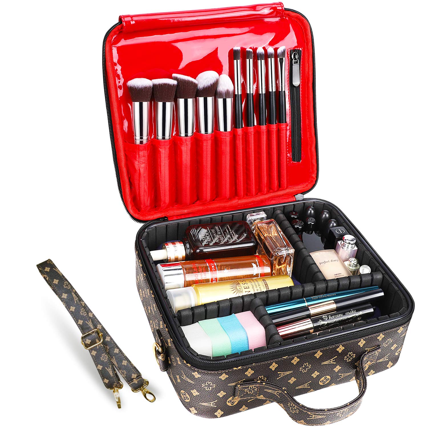 Travel Makeup Bag Professional Cosmetic Train Case Waterproof PU Large Cosmetic Bag Pouch Portable Toiletry Bags Makeup Organizer With Adjustable Dividers Ideal Gift for Women (Floret)