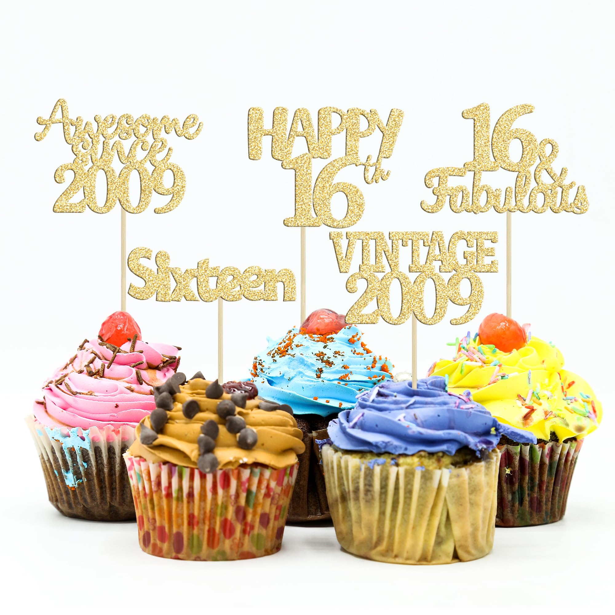 Gyufise 30Pcs Happy 16th Cupcake Toppers Glitter Fifteen Vintage 2009 Cupcake Picks Cheers to 16 Years Birthday Cake Decorations for Happy 16th Birthday Anniversary Party Supplies Gold