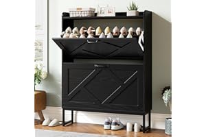 Nicetree Shoe Storage Cabinet with 2 Flip Drawers, Freestanding Shoe Organizer, Shoe Cabinet with Metal Legs, Narrow Shoe Rack Cabinet, Farmhouse Slim Shoe Cabinet for Entryway, Foyer, Hallway, Black